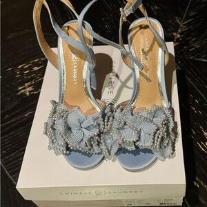 Chinese Laundry Light Blue Satin Beaded Floral Slingback Heels